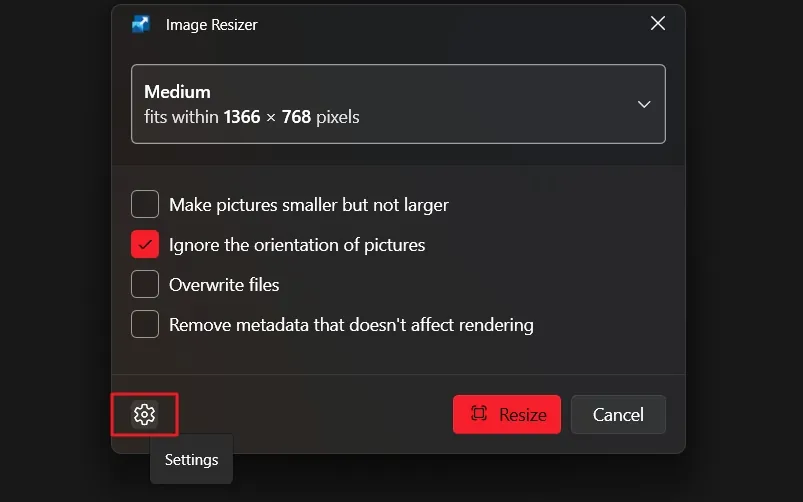 Open Image Resizer Settings