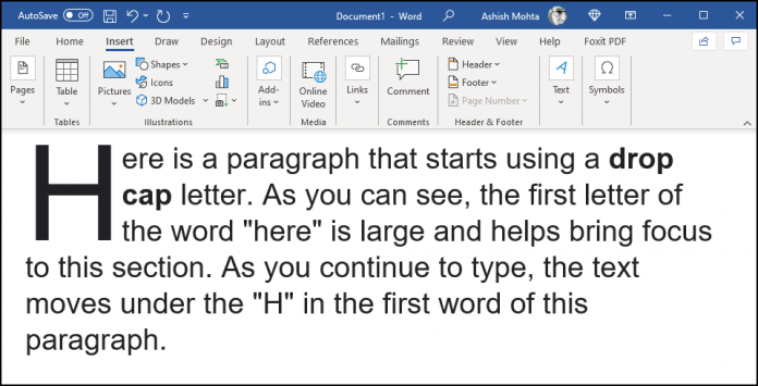 How to add a Drop Cap in Microsoft Office Word Document