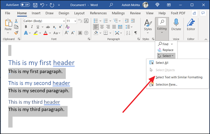 How To Select All Similar Text In Word