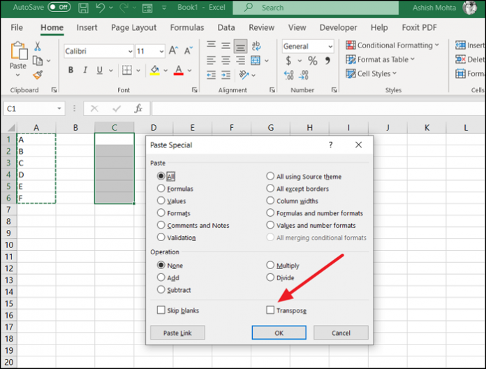 excel rotate row to column