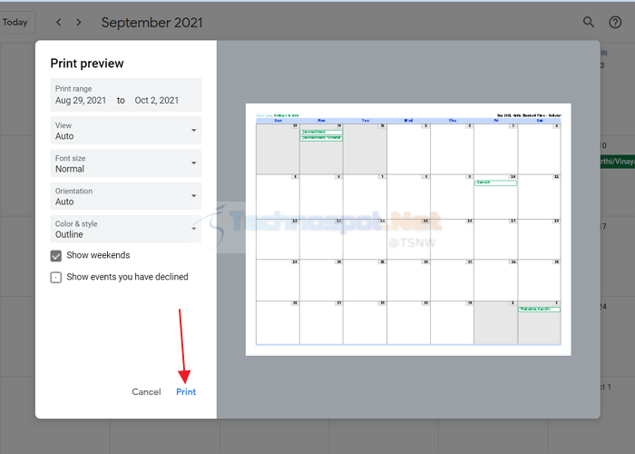 How to print google calendar from Settings
