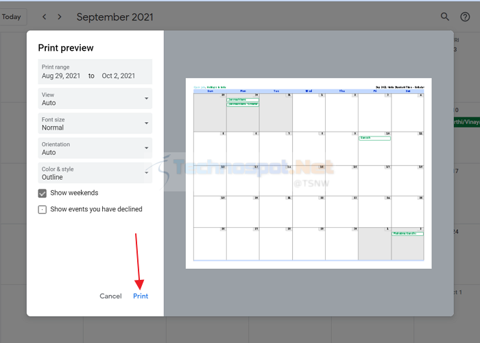 how to print your calendar google outlook