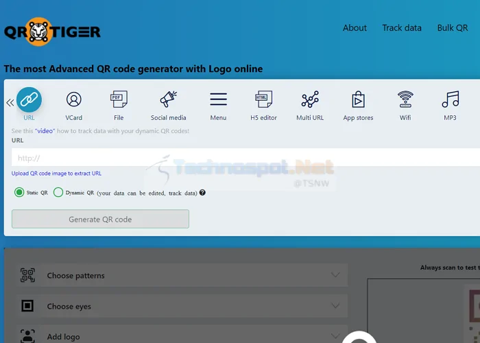 QRtiger online tool for creating QR codes