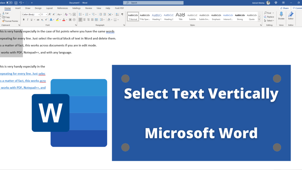 Select Text Vertically Microsoft Word