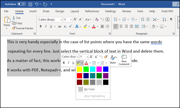 Vertically Highlight Text in Office Word