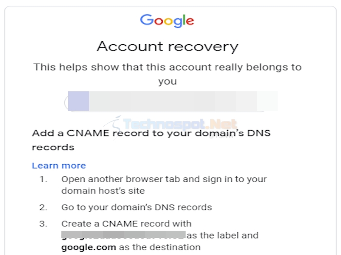 Add CNAME for Google Workspace Recovery