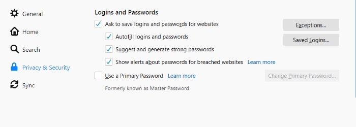 Select Privacy and Security Delete Saved Username and Password in Firefox