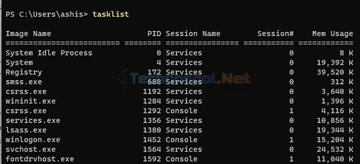 Tasklist lists running processes on Terminal