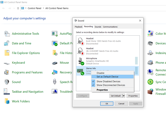 Set microphone as default in Windows 10