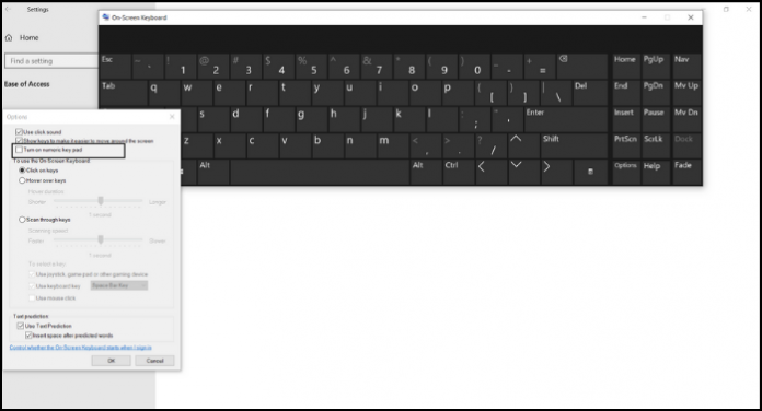 enable numeric keypad windows 10