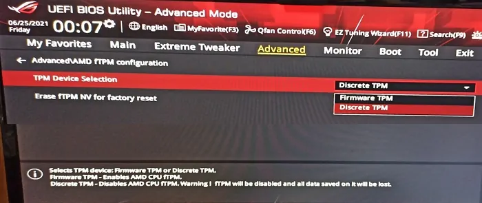 Enable Firmware TPM in UEFI BIOS