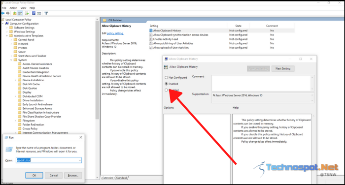 enable clipboard history settings group policy editor windows