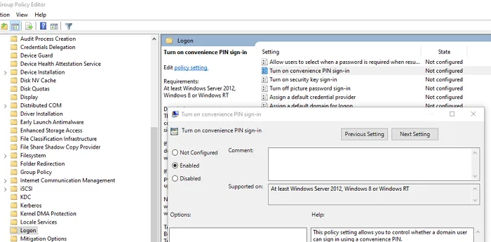 Disable Turn on PIN sign-in group policy