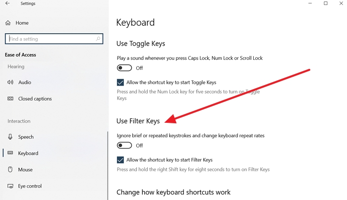 Filter Keys Windows 10
