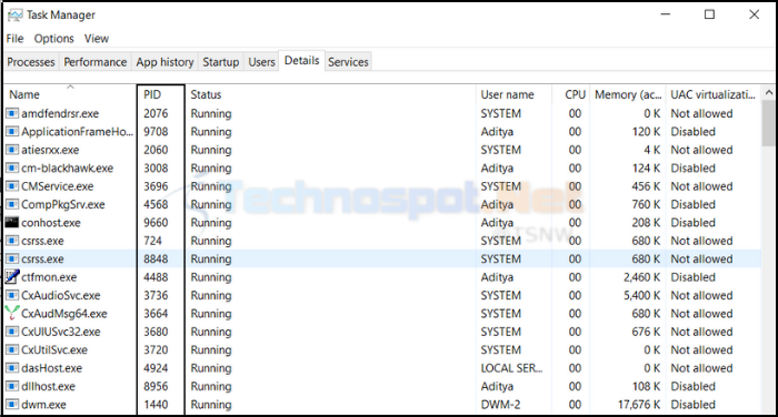PID column in task manager windows
