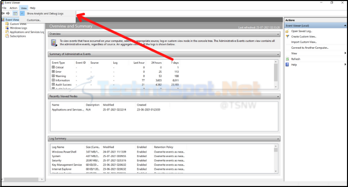 enable Show Analytic and Debug Logs in event viewer Windows