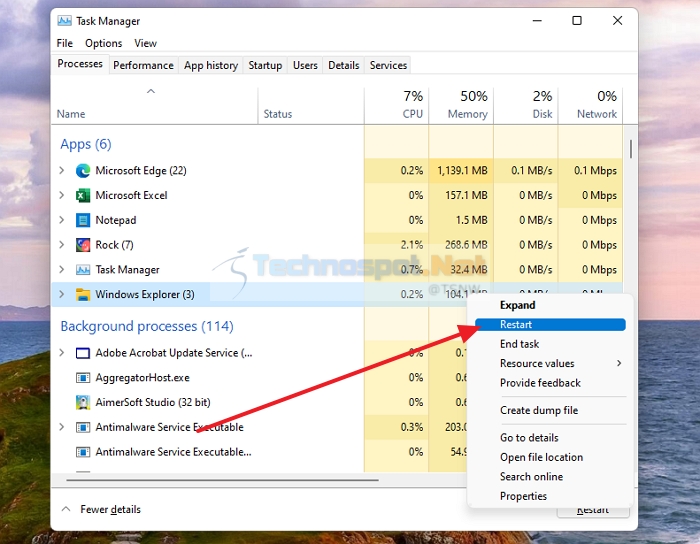 Restart File Explorer in Windows