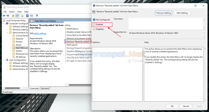 Using group policy editor to remove recently added apps from the start menu