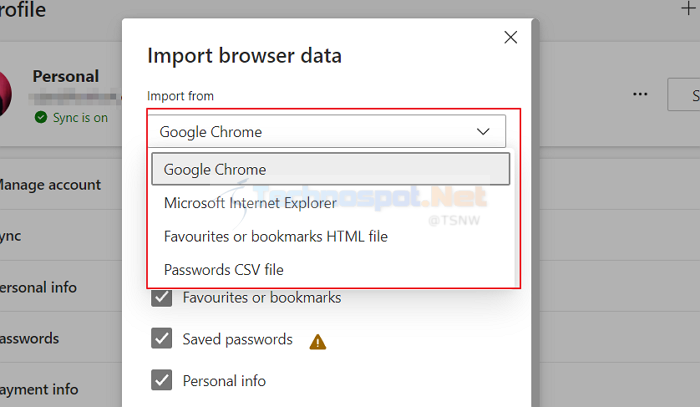Options to import favorites in Microsoft Edge