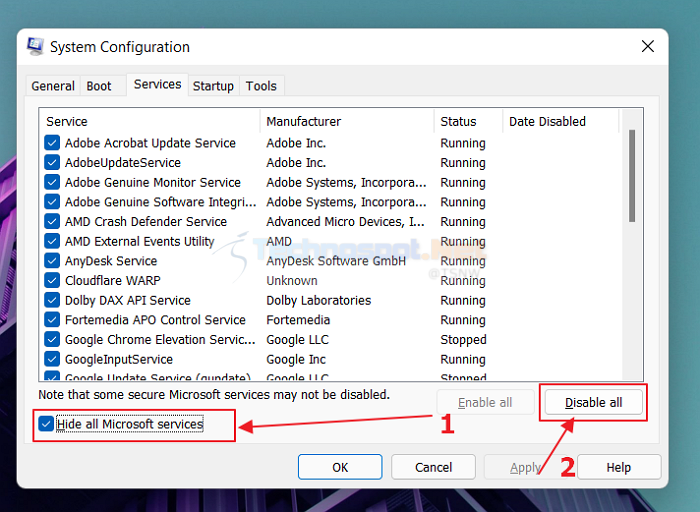 Disable all services in system configuration in Windows