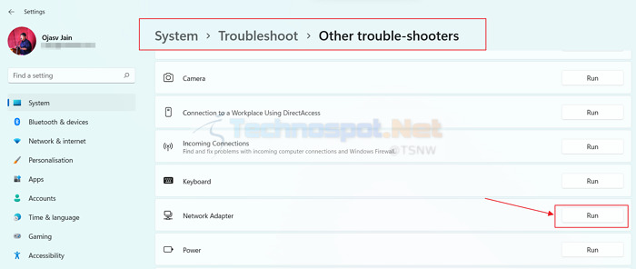 Run network troubleshooter in Windows
