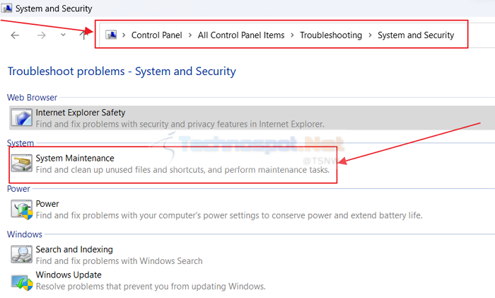 System Maintenance Troubleshooter in Windows Control Panel