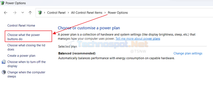 Choose what power buttons do in control panel