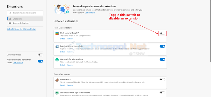 Disable extensions in Microsoft Edge