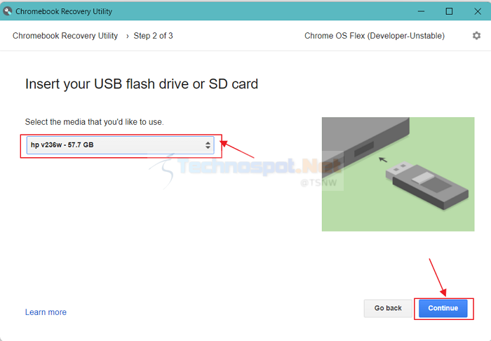 Select a USB drive to install Chrome OS Flex