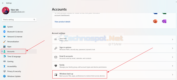 Open Windows Account Backup Settings