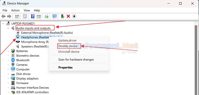Disabling headphones in Windows device manager