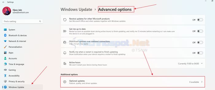 Optional Updates in Windows settings to update drivers