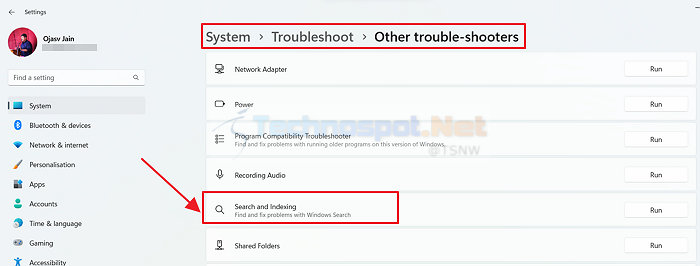 Running Search And Indexing trouubleshooter in Windows