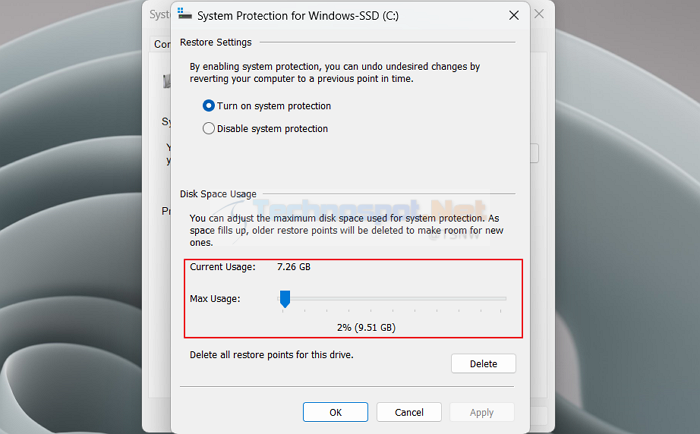 Change System Restore Space Allocation In Windows