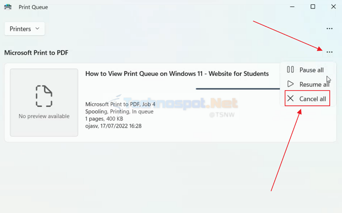 Clear Print Queue From Windows Settings