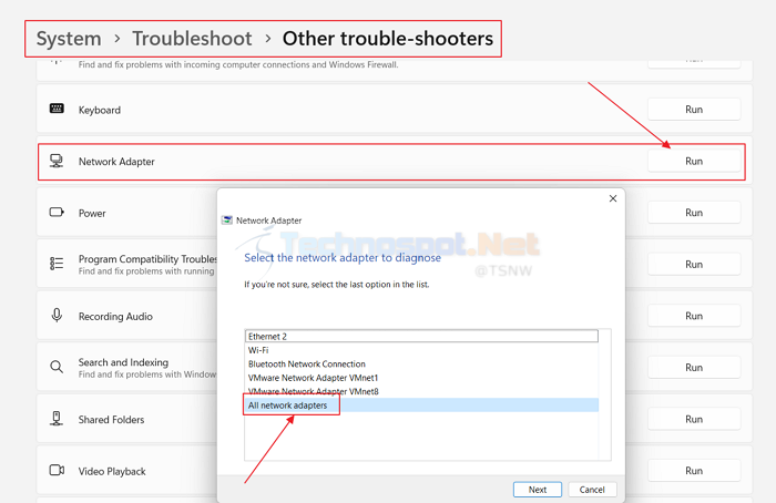 Run Network Troubleshooter to fix shared printer issues in Windows