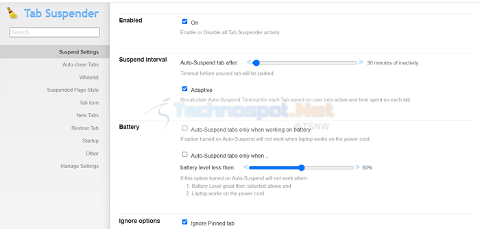 Tab Suspender Browser Extension Settings
