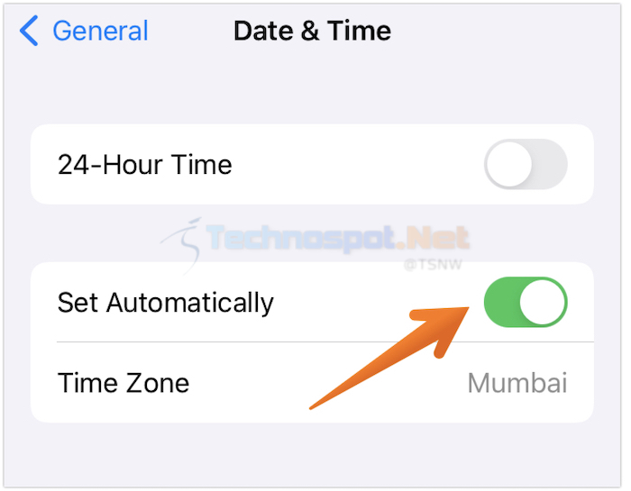 Turn on Date & Time Automatically Toggle iPhone iPad