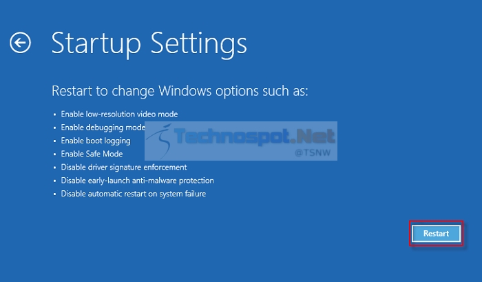 Advanced recovery startup settings