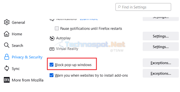 Block Pop-Up Firefox Settings
