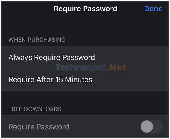 Choose Password Settings in iPhone Media and Purchases