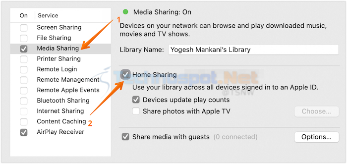 Click on Media Sharing and Then Home Sharing in Mac System Preferences