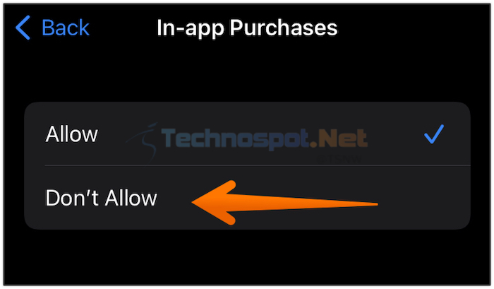 Press on Don't Allow Option in In-App Purchases