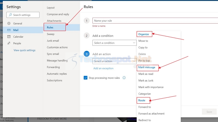 Selecting An Action For A New Rule In Outlook.com