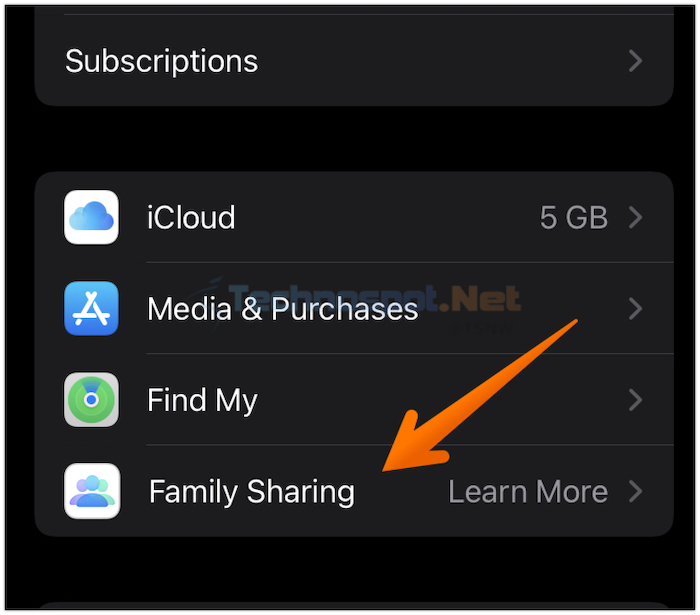 Tap on Family Sharing in iPhone