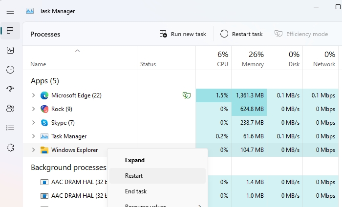 Restart File Explorer Windows Using Task Manager