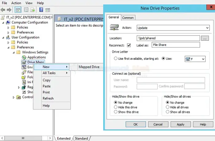 Mapped Drive Action Group Policy Editor
