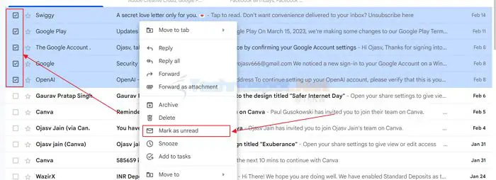 Mark Multiple Messages as Unread In Gmail Website