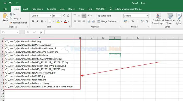 Pasting all files and folder name in MS Excel