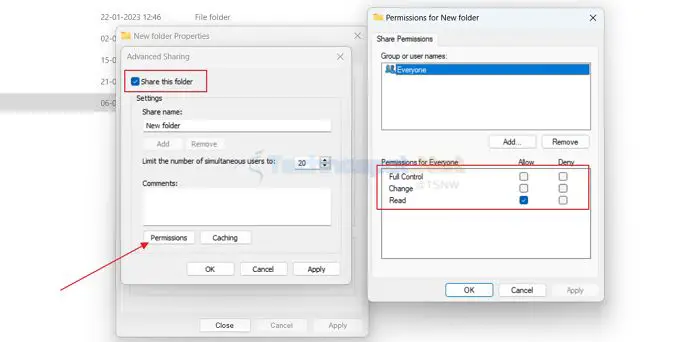 Setting permissions for a shared folder in WIndows